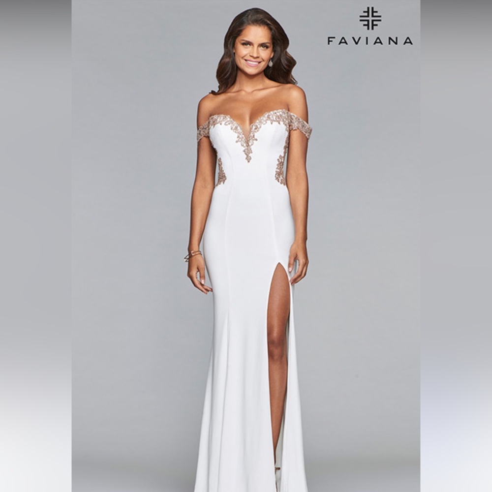 Faviana Off-Shoulder White Dress with Gold Lace Detailing